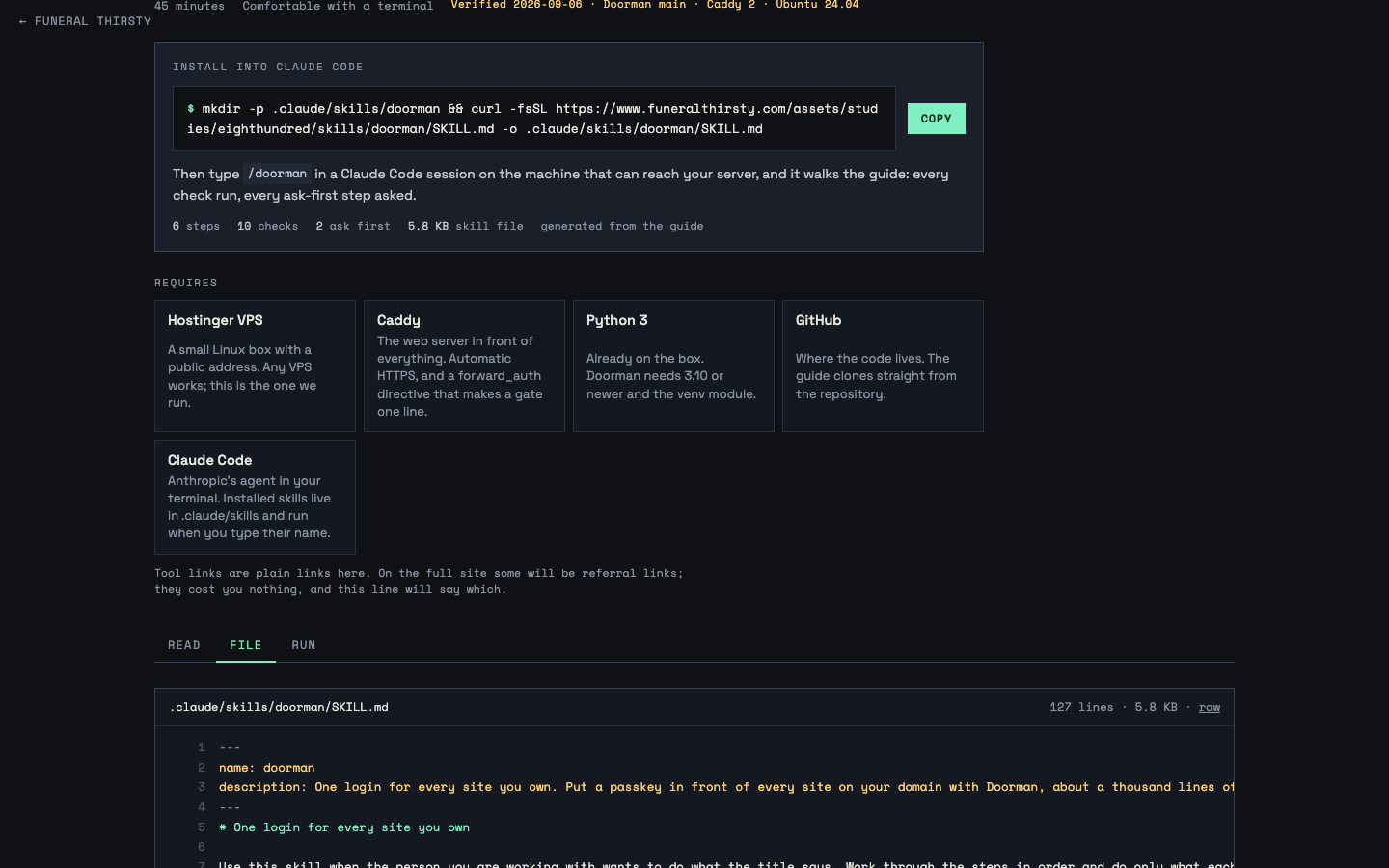 800 Miles: a dark registry page for a guide, with a one-line install command, a mint Copy button, and the guide's skill file shown with line numbers