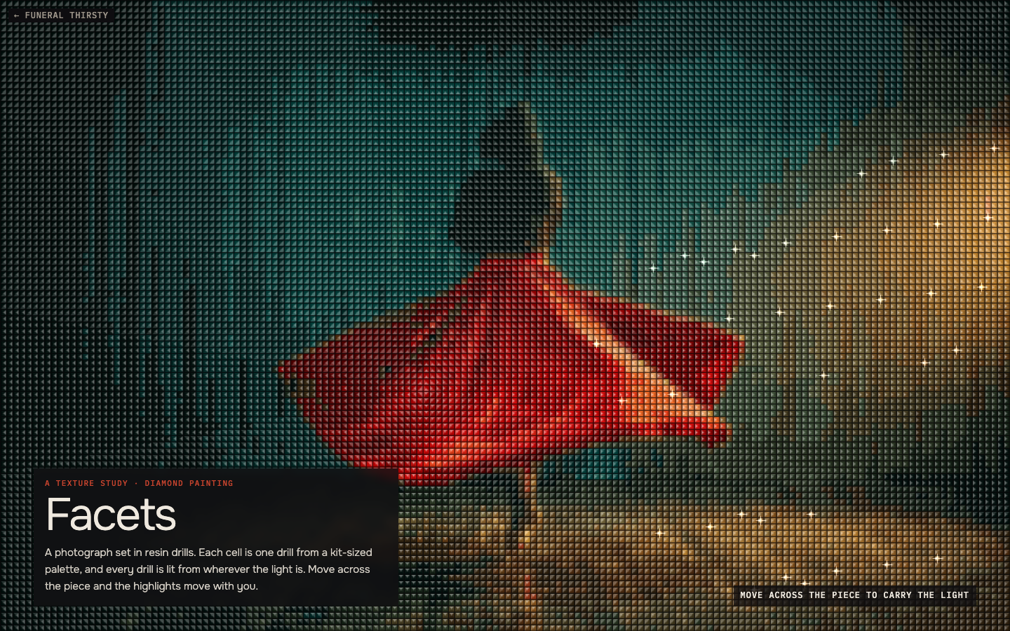 Facets: a dancer's red skirt flaring on a teal stage, the whole picture made of square faceted drills with highlights pooled around the light