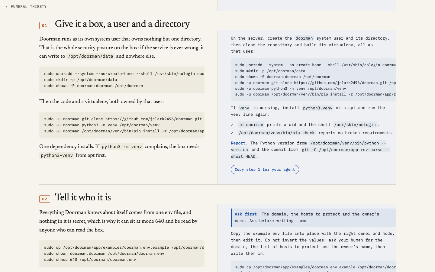 J²: a guide laid out as facing pages, a serif page for the reader on the left and a monospaced page for their agent on the right, with a copy button on each step