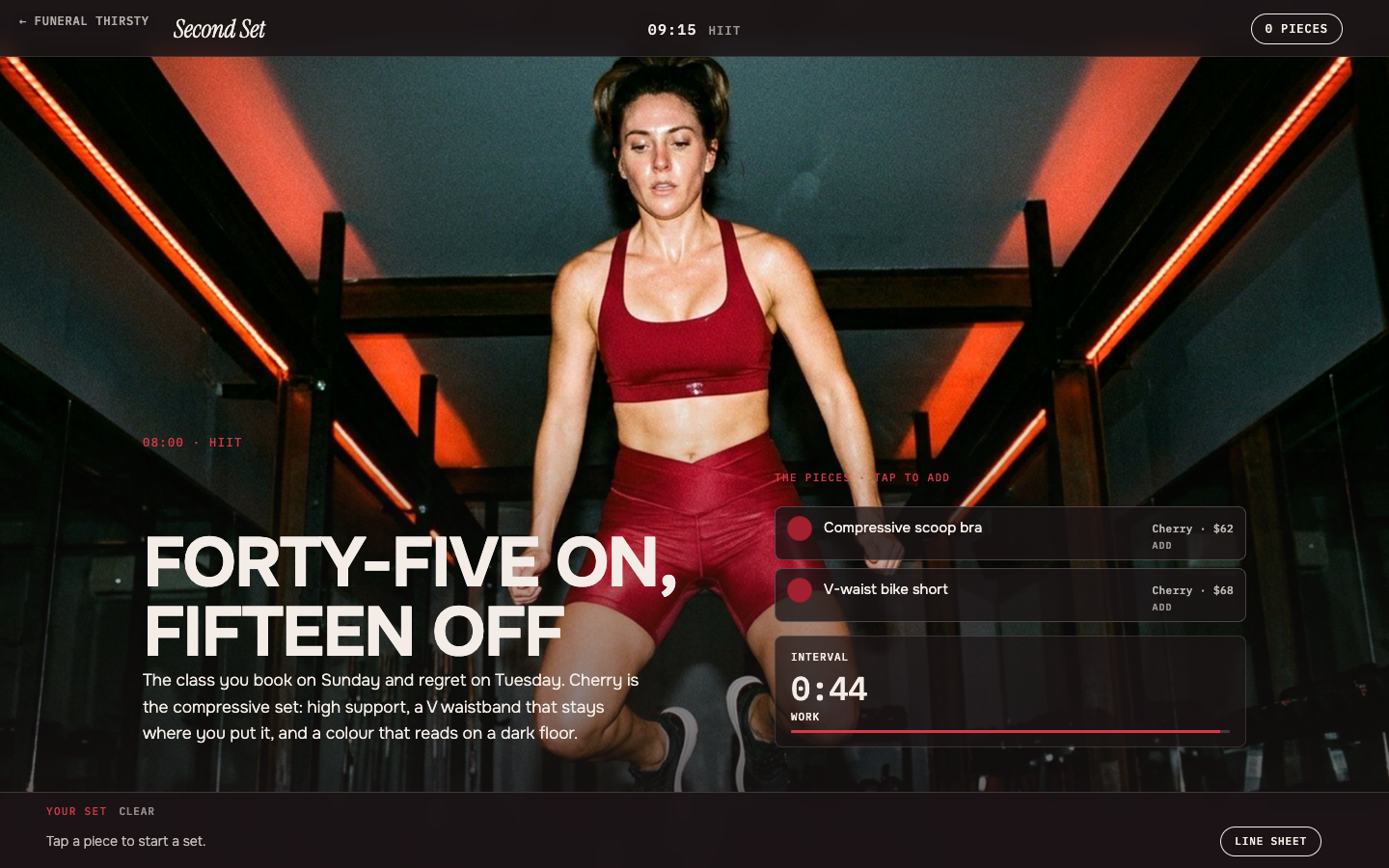 Second Set: a woman at the top of a burpee in a dark red-lit studio wearing a cherry-red set, an interval timer counting down beside the pieces you can add to your set