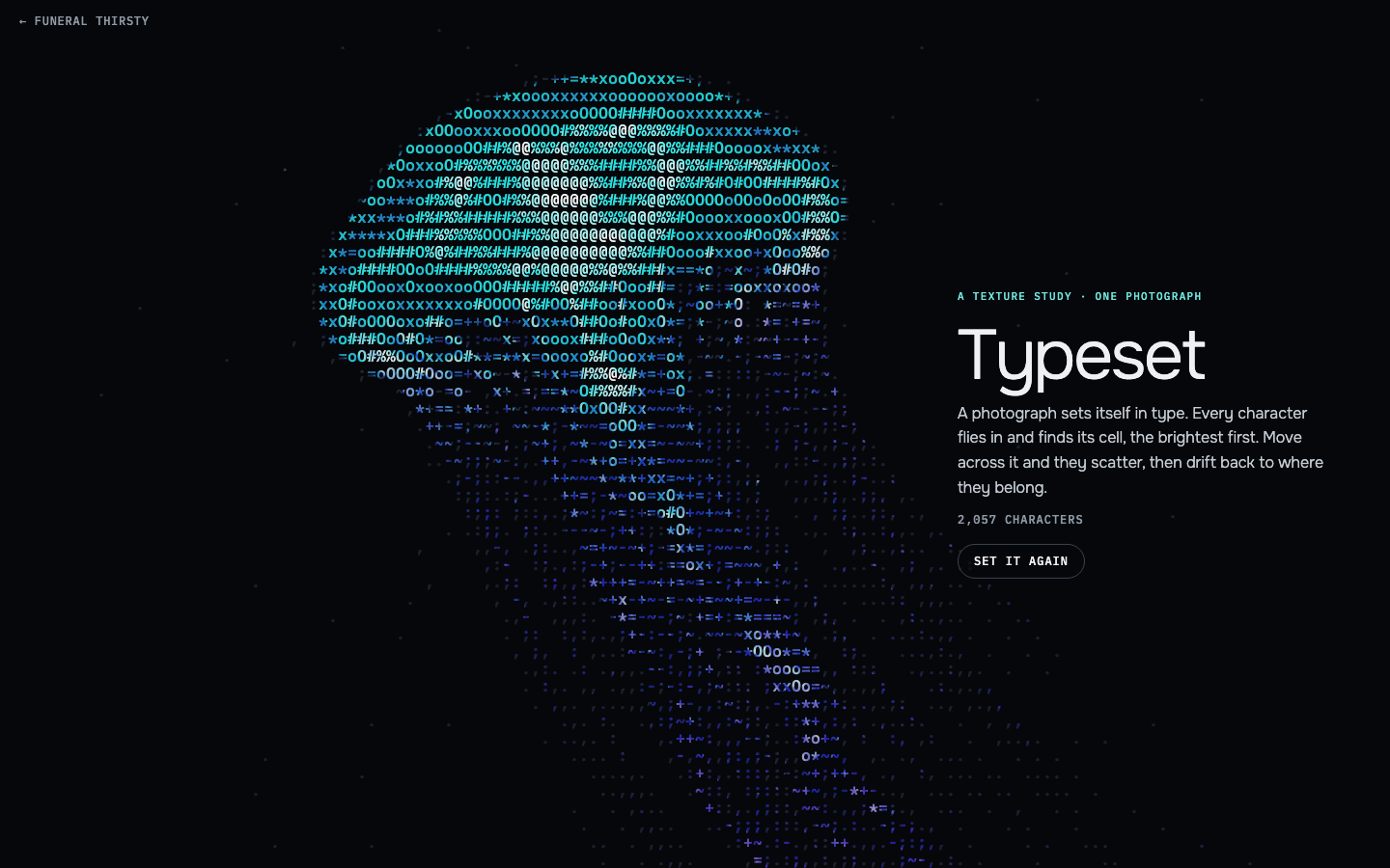 Typeset: a jellyfish assembled from teal and violet characters in dark water, its tendrils trailing down the page