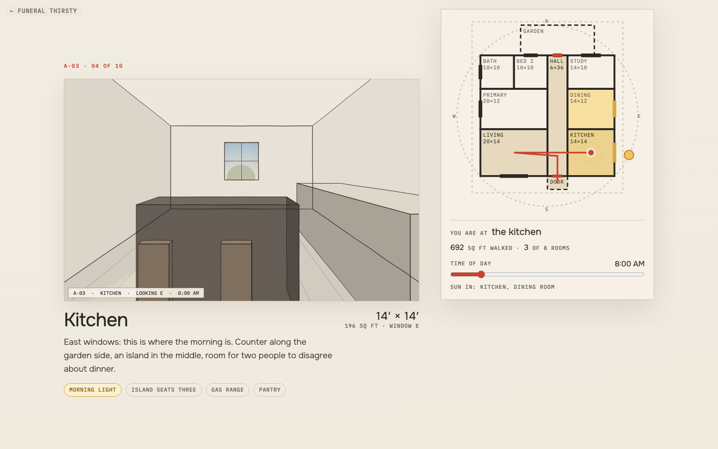 The Walkthrough: an ink-sketched kitchen in morning light beside a floor plan filling in as the visitor walks the house