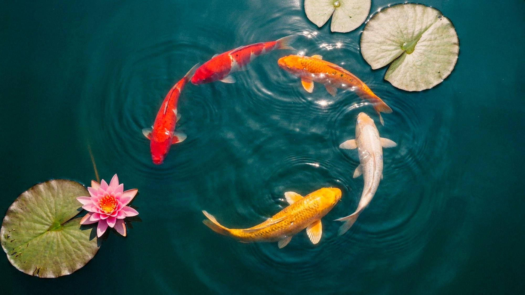 Koi in scarlet, gold and white beneath rippled petrol-teal water, seen from above