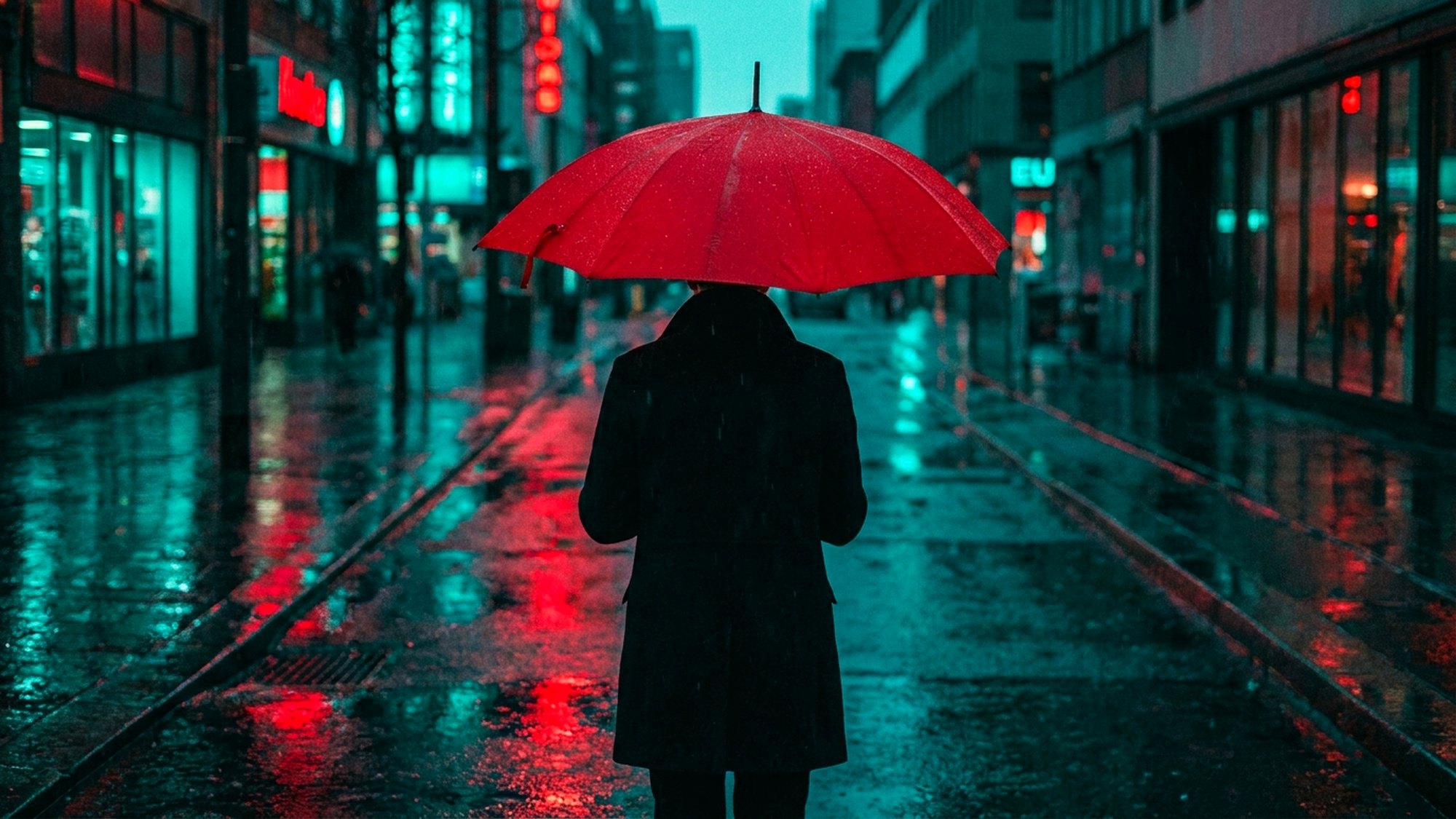 A lone figure under a bright red umbrella on a rain-wet street at dusk, the street lit teal, the red reflected in the puddles